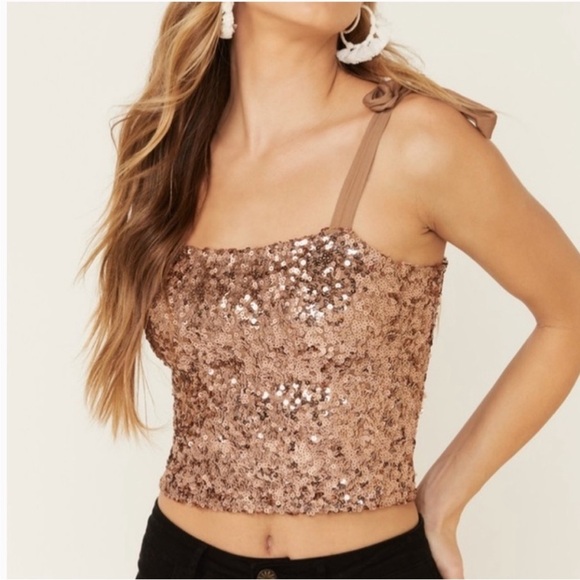 Free People rose gold sequin top with tie adjustable straps - Picture 1 of 5